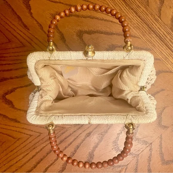 Vintage Italian Woven Rattan Brown Beaded Clutch Mini HandBag Purse Boho - Picture 7 of 10